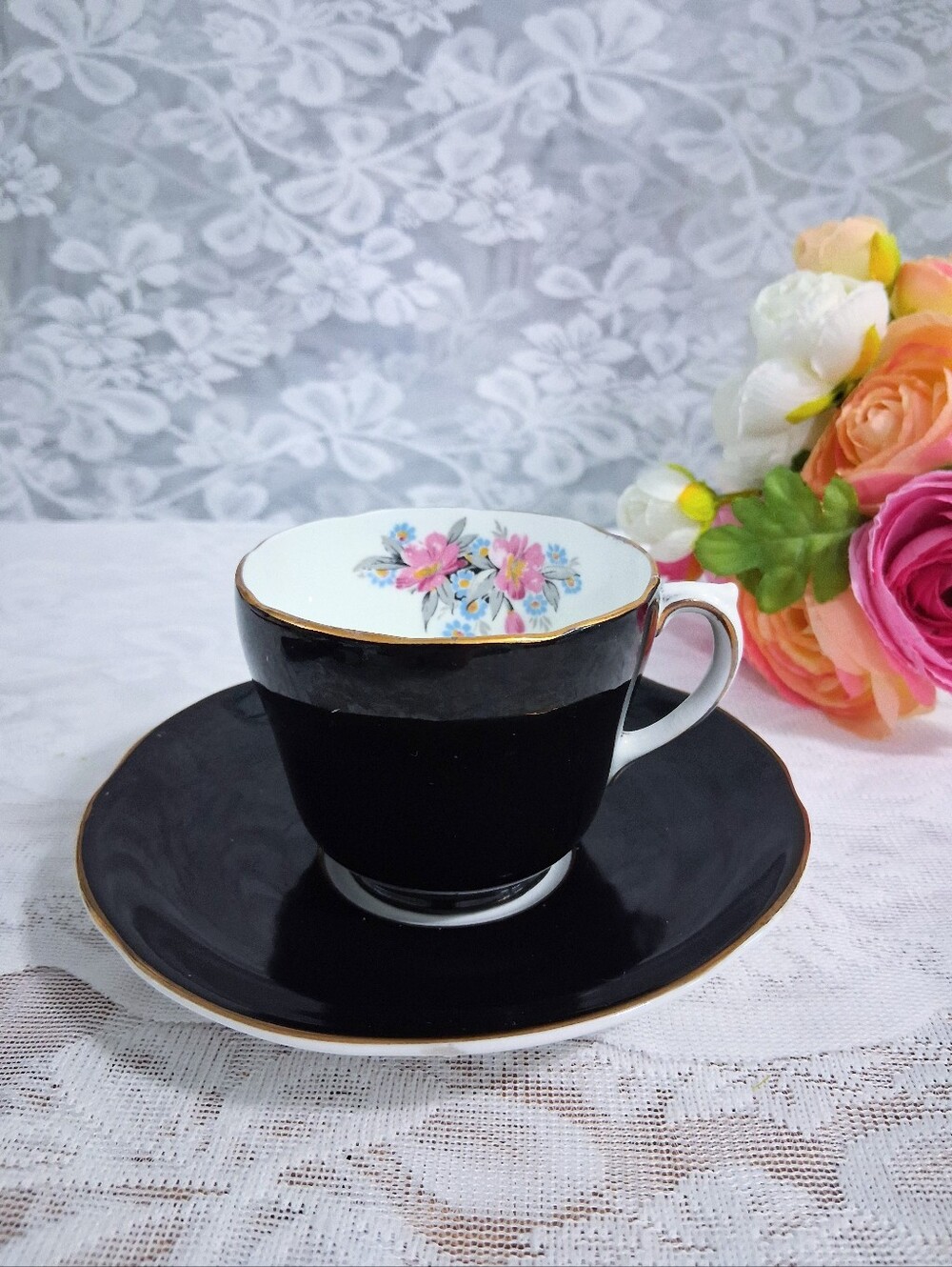 Vintage Adderley English Bone China Black Teacup and Saucer Set